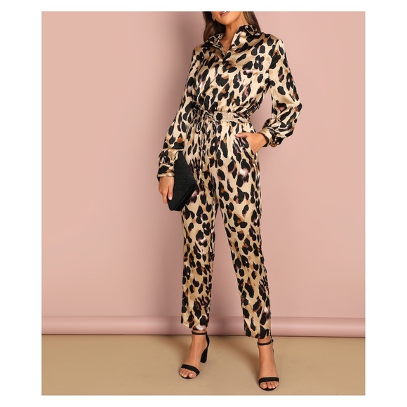 MBM Unlimited Pants - Animal Print Long Sleeve Cocktail Satin Jumpsuit